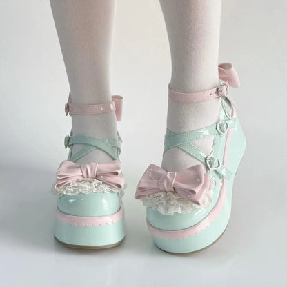 Bubblegum mint lolita platform heels with pastel bows and heart buckles for kawaii DDLG ABDL outfits