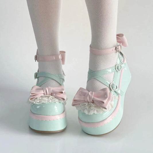 Bubblegum mint lolita platform heels with pastel bows and heart buckles for kawaii DDLG ABDL outfits