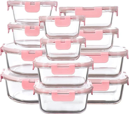 Bubblegum pink glass container set with 12 borosilicate containers and airtight silicone lids for meal prep and storage