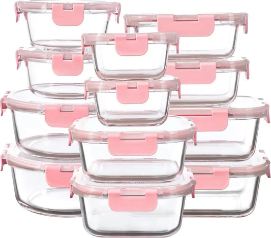 Bubblegum pink glass container set with 12 borosilicate containers and airtight silicone lids for meal prep and storage