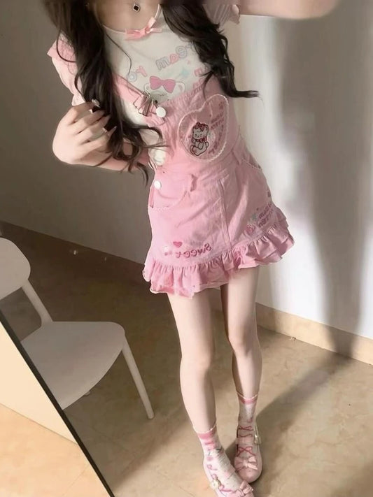 Bubblegum pink kawaii full set with suspender skirt and girly top, perfect for DDLG and ABDL pastel fashion lovers
