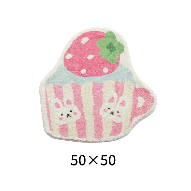 Bunny cup with strawberry on top kawaii pastel rug, cute and cozy floor decor