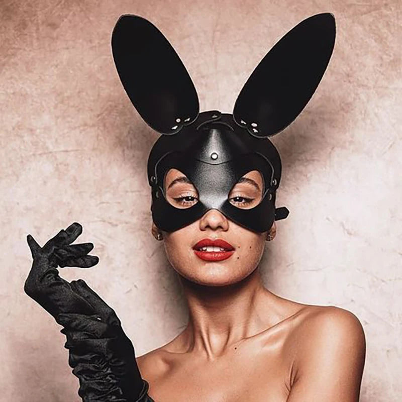 Bunny Eye Mask with ears in black vegan leather, sleek and edgy, perfect for cutebaddie and DDLG fantasyplay