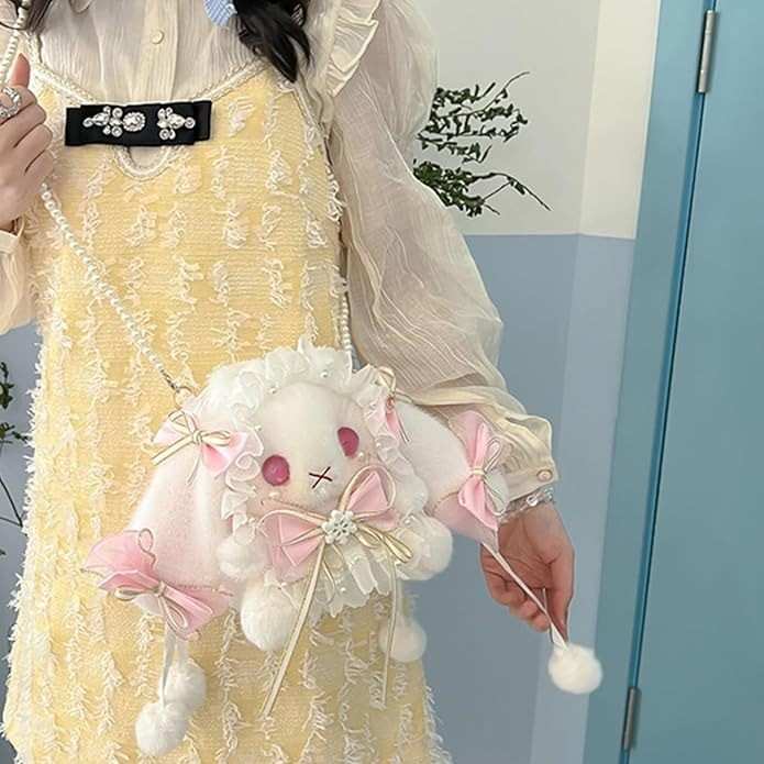 Bunny Lolita accessory plush crossbody bag with pearl strap, pastel playful ribbons, cutecore kawaii DDLG ABDL