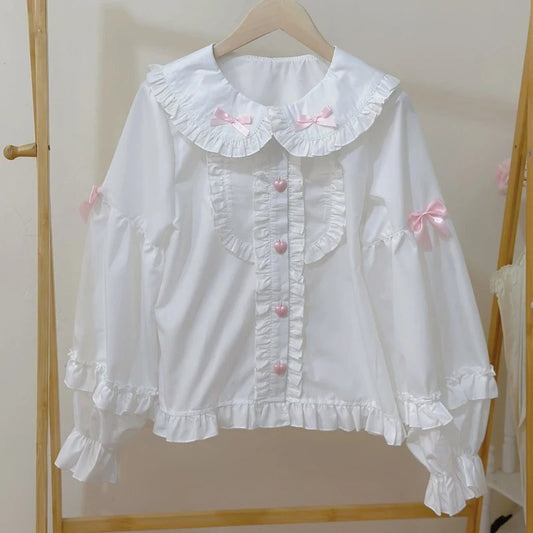 Classic white Bunny Lolita ears blouse with adorable hood, Peter Pan collar, and soft breathable fabric for kawaii layering
