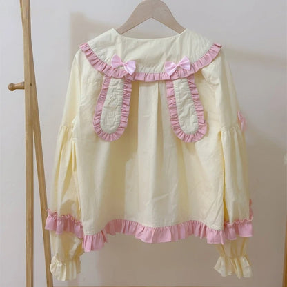 Pastel yellow Bunny Lolita ears blouse with delicate bows and Peter Pan collar, soft breathable fabric perfect for layering