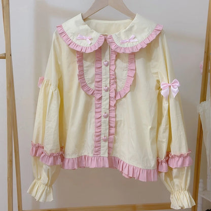 Bunny Lolita ears blouse in pastel yellow with playful hood and Peter Pan collar, soft breathable fabric for kawaii layering