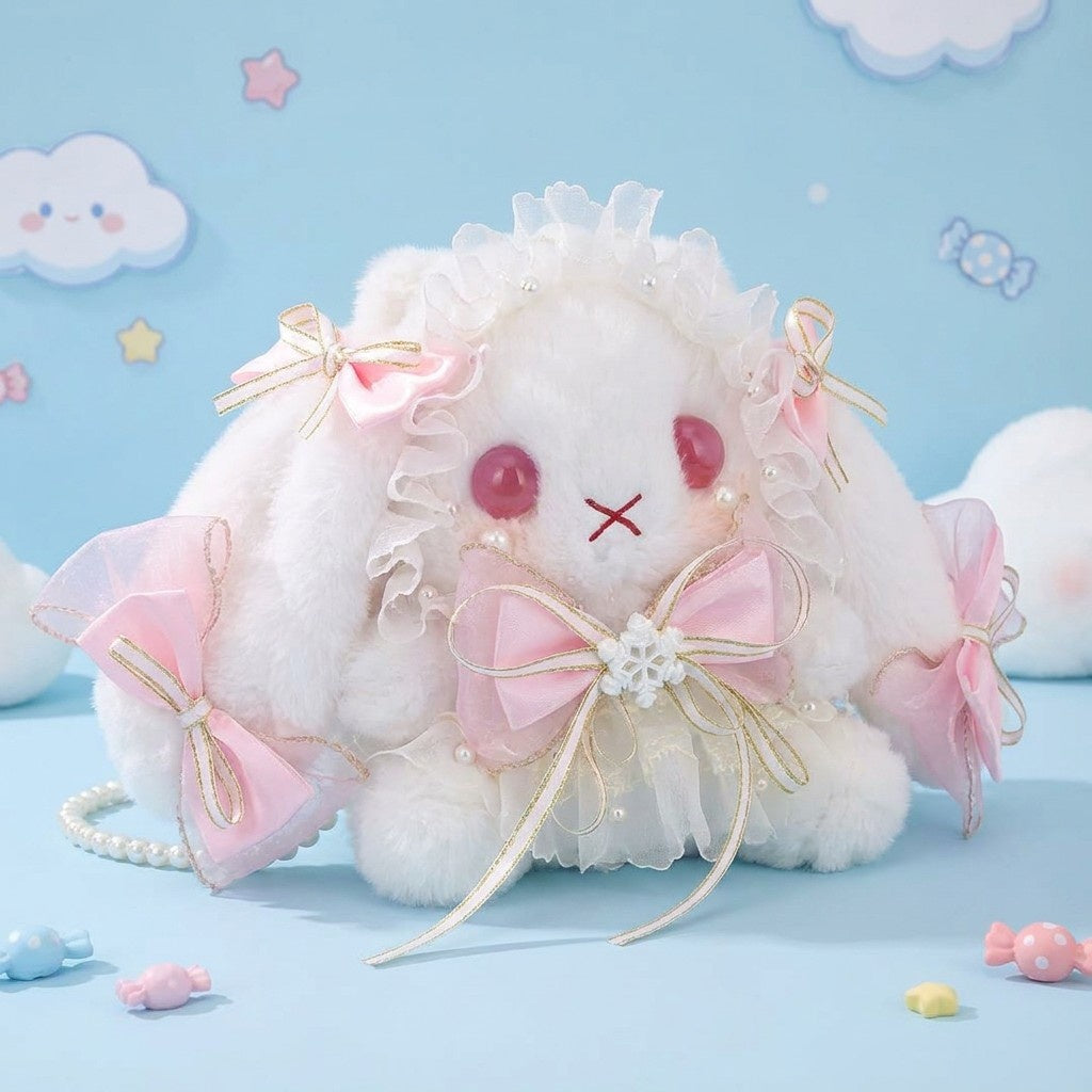 Pink Bunny Lolita Plush Crossbody Bag with pearl strap and ribbons, cutecore kawaii DDLG ABDL dollcore accessory