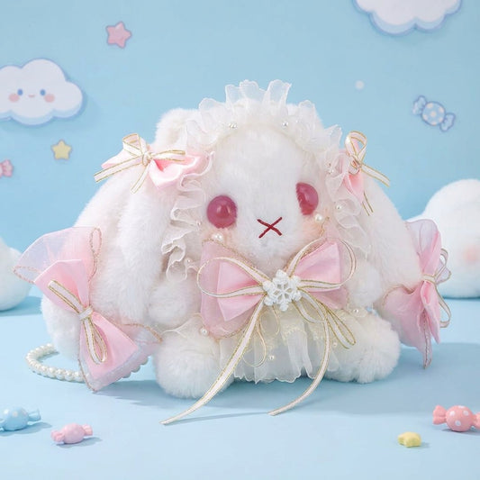 Pink Bunny Lolita Plush Crossbody Bag with pearl strap and ribbons, cutecore kawaii DDLG ABDL dollcore accessory