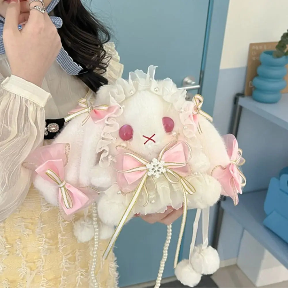 Bunny Lolita Plush Crossbody Bag with pearl strap and ribbons, cutecore kawaii DDLG ABDL dollcore accessory