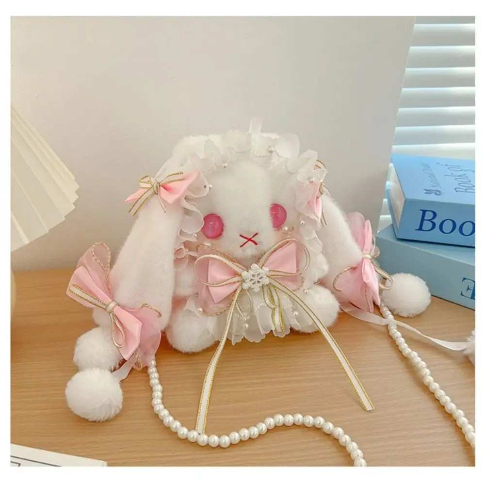 Light Pastel Pink Bunny Lolita Plush Crossbody Bag with pearl strap and ribbon accents, kawaii cutecore DDLGirl DDLG ABDL dollcore little-core accessory