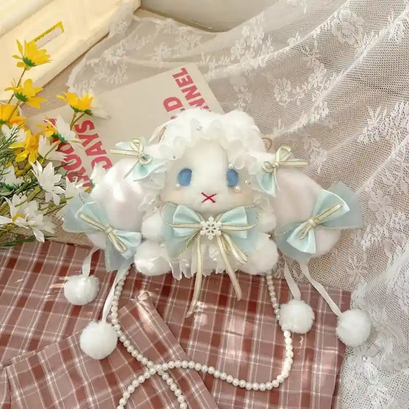 Pastel Blue Bunny Lolita Plush Crossbody Bag with pearl strap and ribbon details, kawaii cutecore DDLG ABDL little-core dollcore accessory