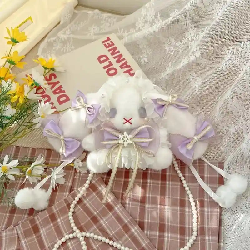 Pastel Purple Bunny Lolita Plush Crossbody Bag with pearl strap and ribbons, kawaii cutecore DDLG ABDL dollcore little-core accessory