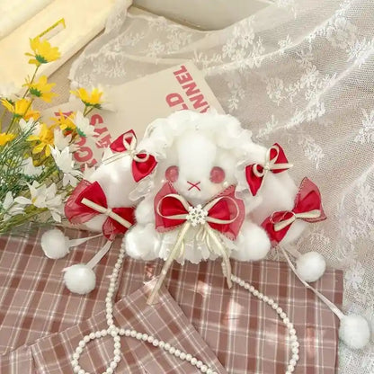 Red Bunny Lolita Plush Crossbody Bag, playful ribbons and pearl strap, cutecore kawaii DDLG ABDL dollcore little-core accessory