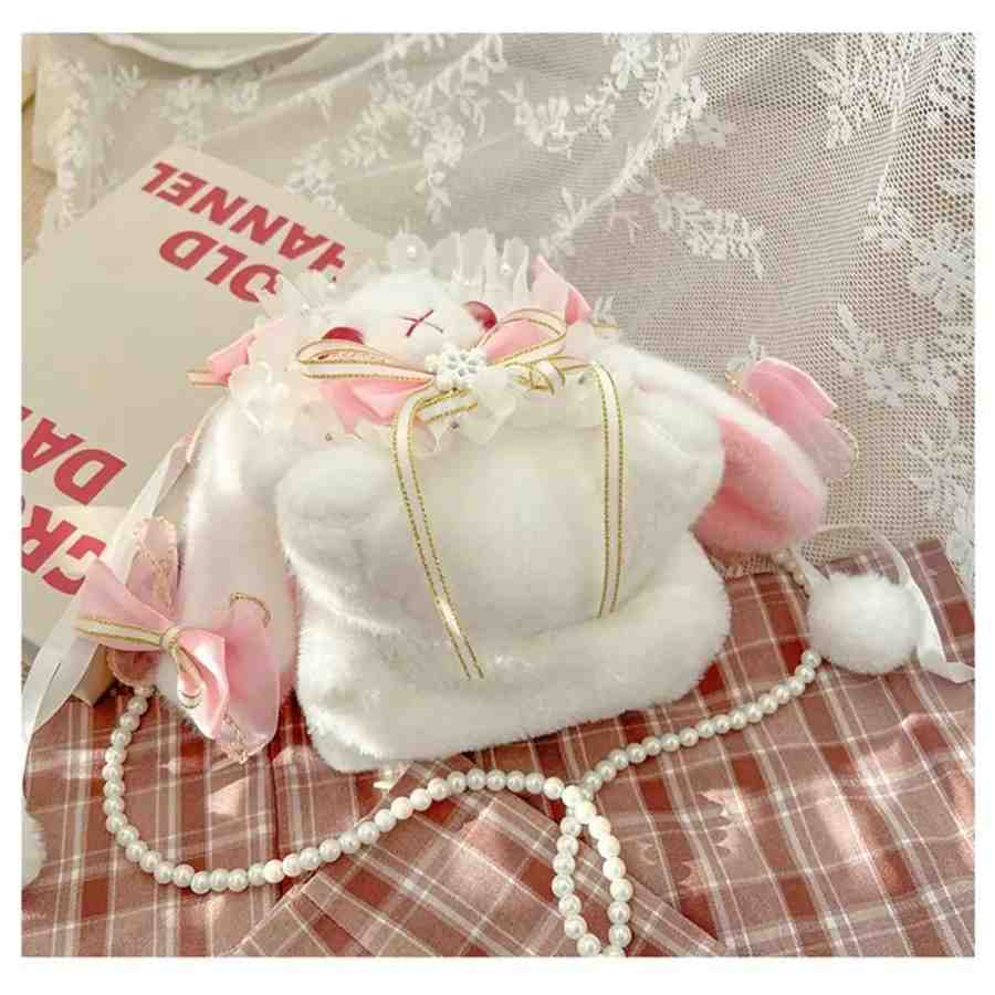 Soft Baby Pink Bunny Lolita Plush Crossbody Bag, plush 3D design with pearl strap and playful ribbons, cutecore kawaii DDLG ABDL little-core dollcore accessory