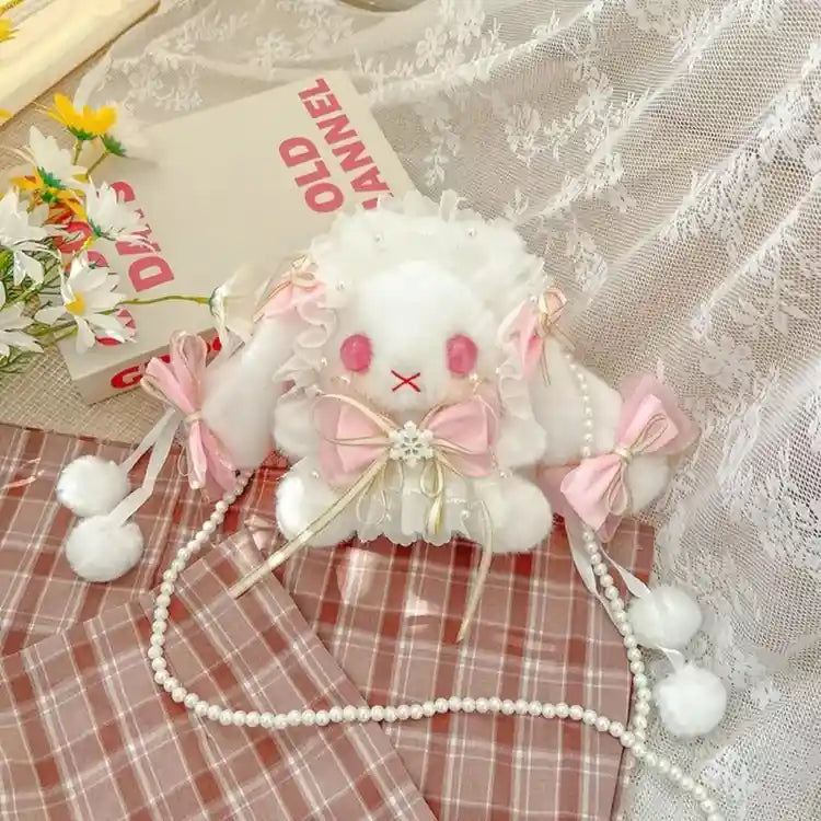 Soft Light Pink Bunny Lolita Plush Crossbody Bag with pearl strap and playful ribbons, kawaii cutecore DDLG ABDL dollcore accessory