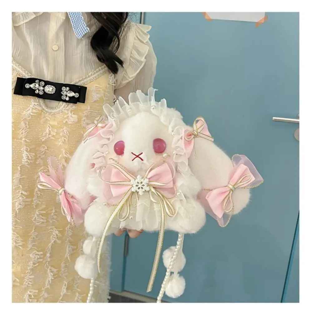 Bunny plush bag in pastel colors, pearl crossbody strap and ribbon accents, cutecore kawaii DDLG ABDL dollcore accessory
