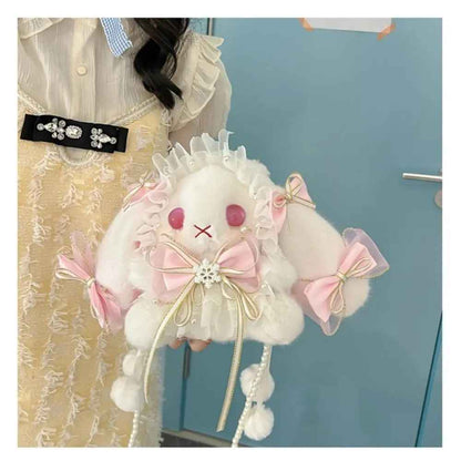 Bunny plush bag in pastel colors, pearl crossbody strap and ribbon accents, cutecore kawaii DDLG ABDL dollcore accessory