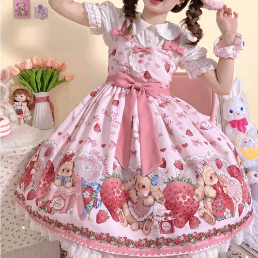 Bunnycore pink strawberry lolita dress with soft breathable fabric and kawaii bow print for cute comfy wear