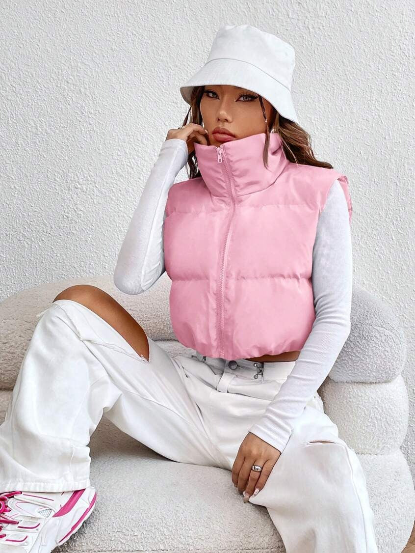 Candy Shop Cropped Puffer Vest, Pink #4, flirty baddiecore pastel outerwear, playful layering and kawaii energy