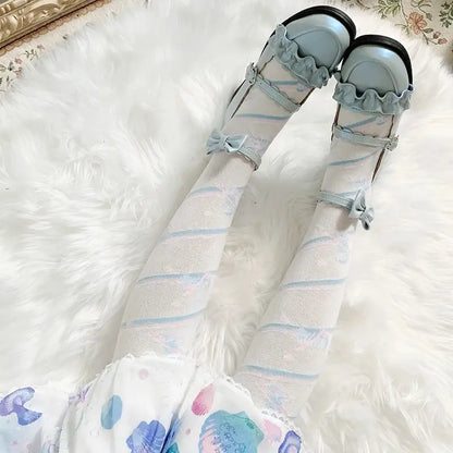 Candy stripe sugar lace stockings in pastel blue with bonbon ribbons and heart accents for kawaii vibes