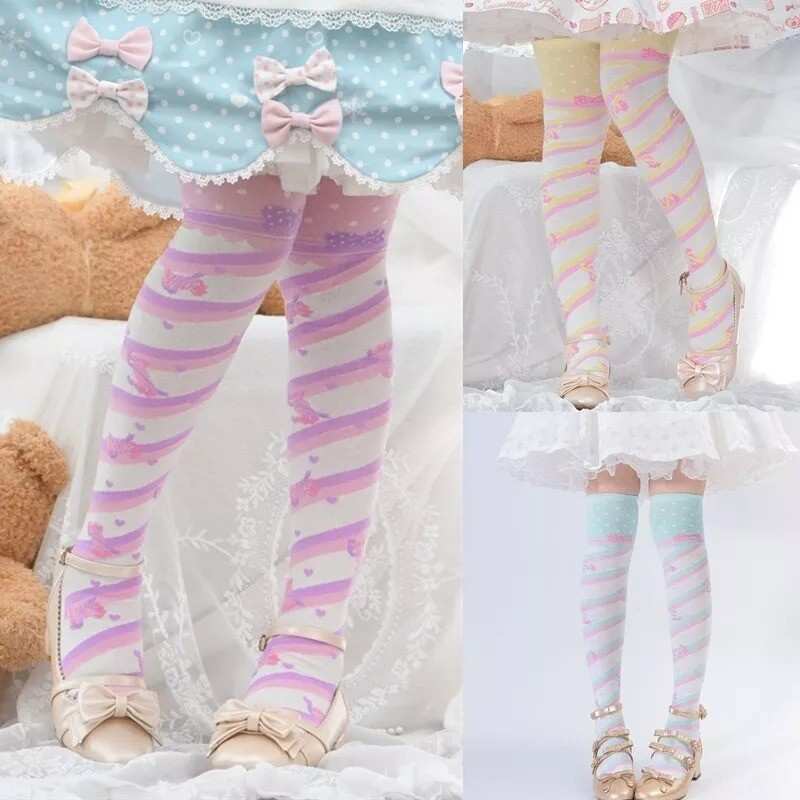 Candy stripe sugar lace stockings in pastel mix with ribbons, hearts, and playful kawaii cutecore vibes