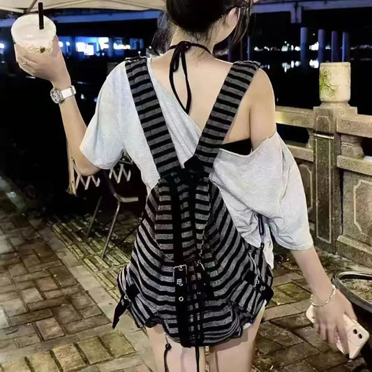 Retro black-grey Candy Stripe Y2K Backpack, compact and stylish for everyday cutecore vibes