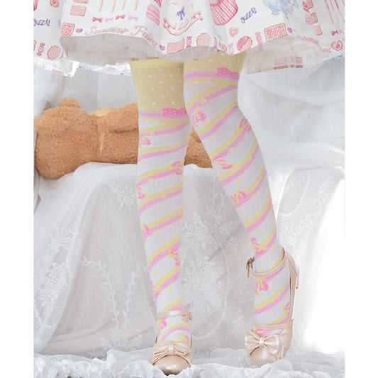 Pink and yellow candy stripe lace stockings with bonbon ribbons and cute heart details for DDLG fashion