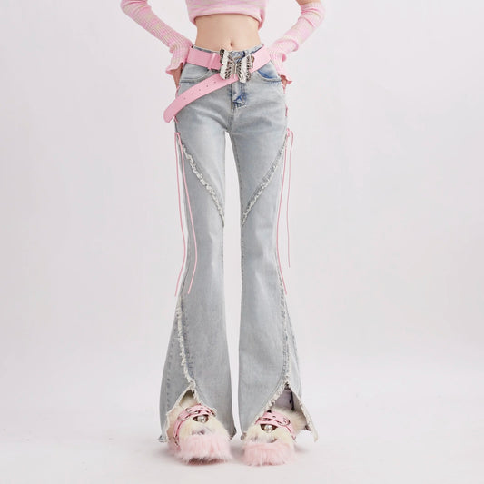 Candyfloss Dream Ribbon Denim with pastel pink ribbon lace-up, soft girl and ABDL kawaii Y2K style
