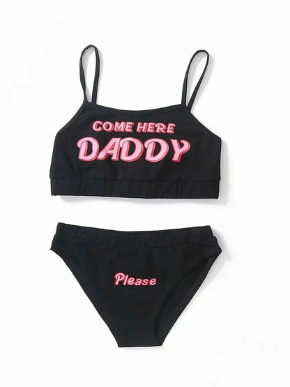 Black Catch Me Daddy flirty set cropped cami with bold “Come Here Daddy” print