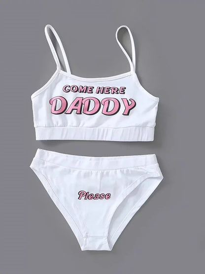 Front view of Catch Me Daddy white flirty two-piece lingerie set with bold prints