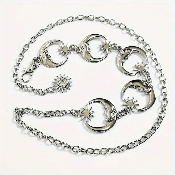 Lightweight celestial belt chain featuring star, moon, and sun charms, perfect for layering with skirts, dresses, and cosplay outfits.
