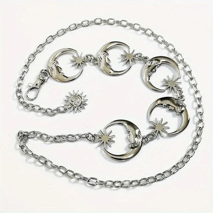 Lightweight celestial belt chain featuring star, moon, and sun charms, perfect for layering with skirts, dresses, and cosplay outfits.