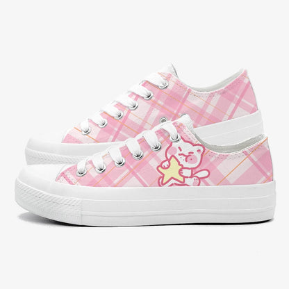 Celestial Cosmic Cuddle Plaid Sneakers with cute star, moon, and plush details for kawaii streetwear