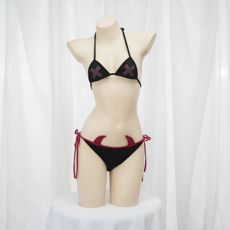 Cheeky Demon Cosplay Set with crop top, bolero hoodie with horns and eyes, cross bra, and matching panties, perfect for DDLG play