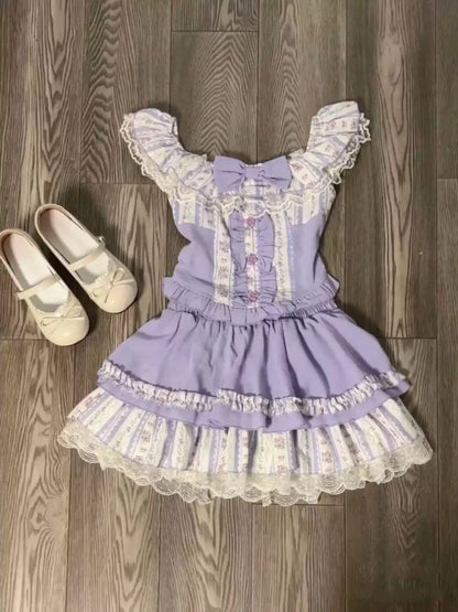Chérie Lilac Ruffle Set in soft cream, abdl ddlg layered cake skirt and ruffle crop top, cutecore babygirl dollcore aesthetic