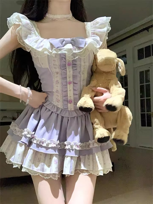 Chérie Lilac Ruffle Set in soft lilac, puff-sleeve ruffle crop top and layered cake skirt, ddlg abdl kawaii dollcore babygirl vibes