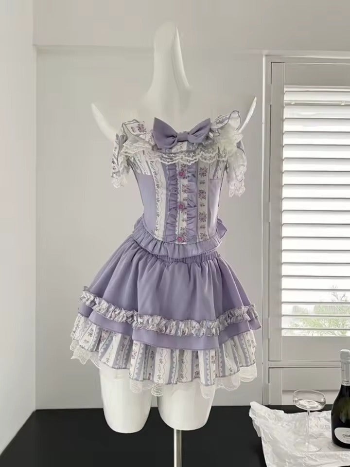 Chérie Lilac Ruffle Set in pastel mint, puff-sleeve crop top with layered skirt, playful ddlg kawaii abdl dollcore vibes