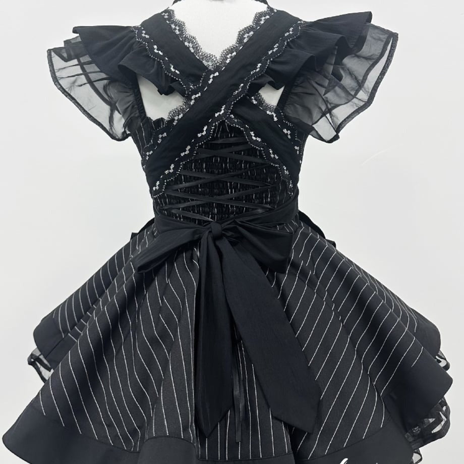 Cherry Doll Gothic Maid Set all black close-up of heart belt, lace ruffles, and choker, flirty dollcore goth outfit, perfect for cosplay and DDLG ABDL
