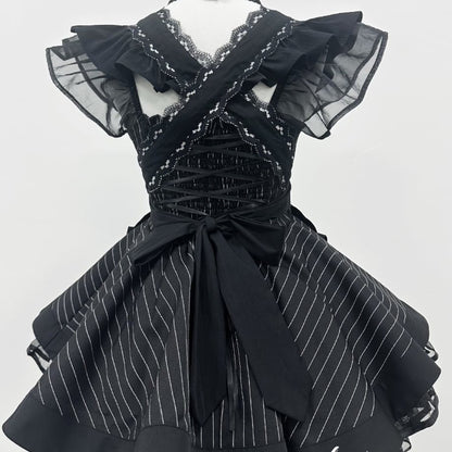 Cherry Doll Gothic Maid Set all black close-up of heart belt, lace ruffles, and choker, flirty dollcore goth outfit, perfect for cosplay and DDLG ABDL