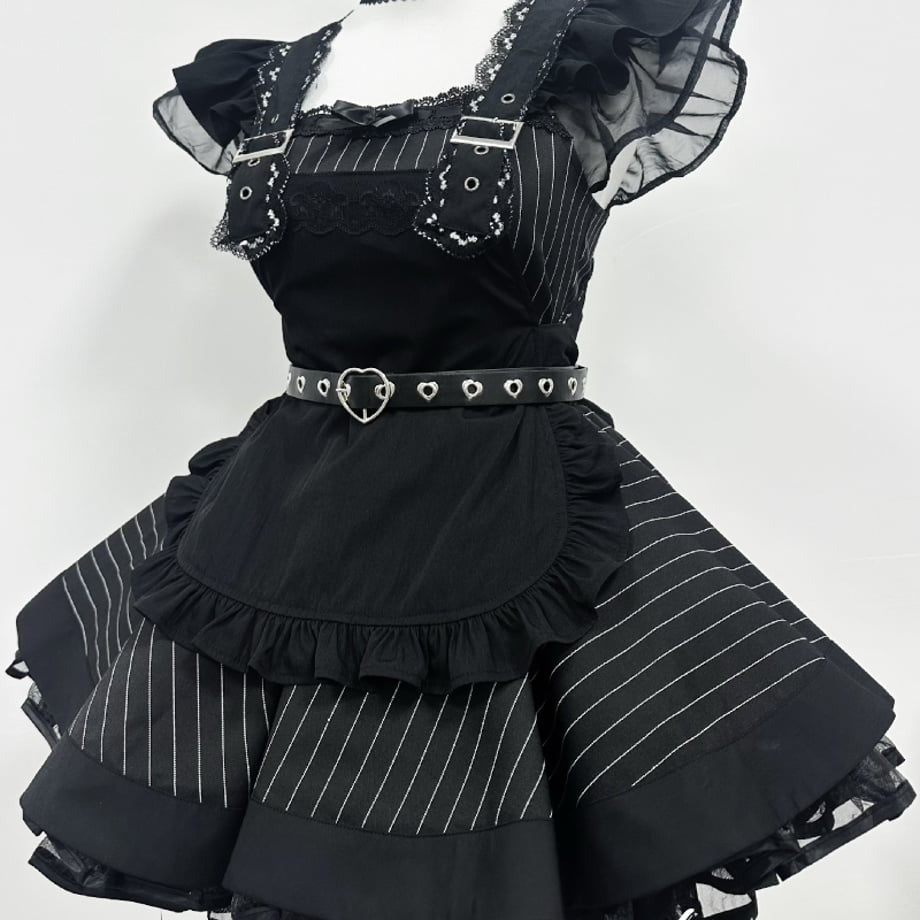 Cherry Doll Gothic Maid Set all black flat lay showing choker, heart belt, ruffles, and mini flirty silhouette, perfect dollcore goth cosplay and DDLG ABDL soft-life outfit