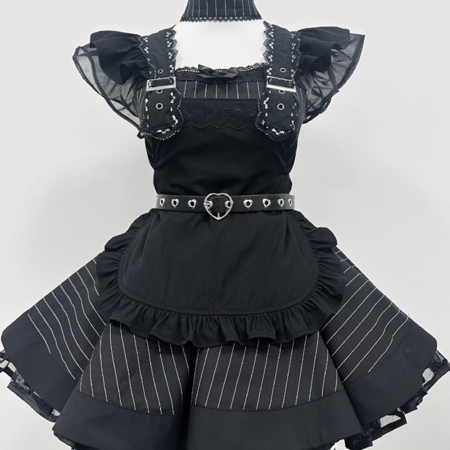 Cherry Doll Gothic Maid Set all black with lace ruffles and choker, dollcore goth maid outfit with flirty mini fit