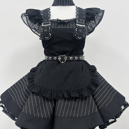 Cherry Doll Gothic Maid Set all black with lace ruffles and choker, dollcore goth maid outfit with flirty mini fit