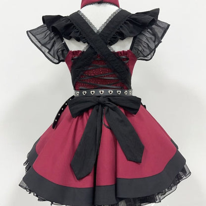 Cherry Doll Gothic Maid Set back view highlighting mini length and flirty fit, cute goth maidcore fashion