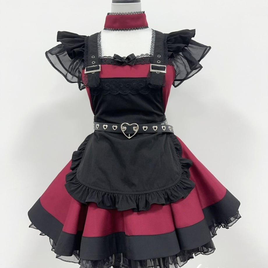 Cherry Doll Gothic Maid Set flat lay showing ruffles lace choker and heart belt, dollcore goth maid aesthetic