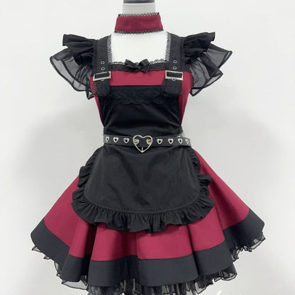 Cherry Doll Gothic Maid Set flat lay showing ruffles lace choker and heart belt, dollcore goth maid aesthetic
