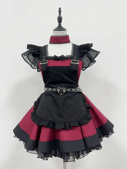Cherry Doll Gothic Maid Set in red and black with ruffles, choker and heart belt, cute goth maid cosplay outfit for dollcore and DDLG ABDL vibes