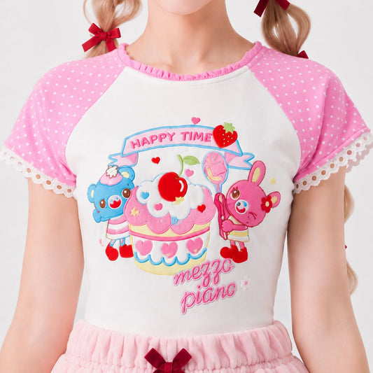 Bunny, teddy bear, cupcake, and cherry graphic print detail on crop top