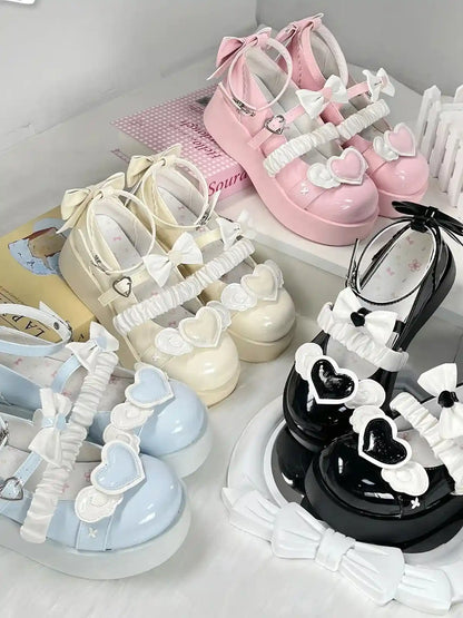 Cherub Heart Cutie Platforms set of 4 pastel and black pairs, featuring hearts, angel wings, and 3D bows, sweet girl must-have.