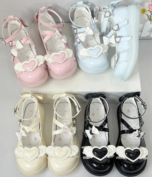 Cherub Heart Cutie Platforms set of 4 pairs in pink, blue, yellow, and black, perfect for DDLG, kawaii, and lolita style.